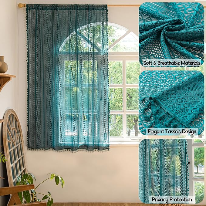 Sutuo Home Boho Curtains Crochet Lace Sheer Bohemian Hollow Knitted - Image 2