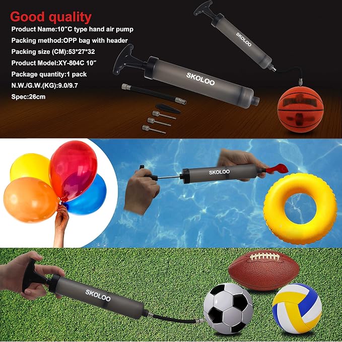 SKOLOO 10" Portable Hand Air Ball Pump Inflator Kit - Image 7