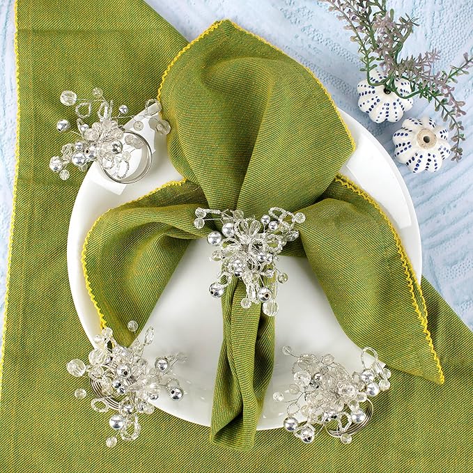 Decorative Napkin Ring Set of 12 - Handmade Glass Beads Napkin Holders for Table Setting Elegant Dining Accessory Round Heavy Duty Metal Frame Wedding & Party Table Décor (Silver) - CLEENTABLE