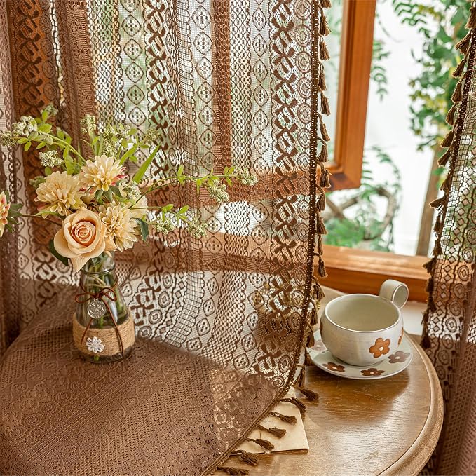Sutuo Home Dark Coffee Boho Lace Curtains, Sheer Curtains 102 inches Long - Image 2