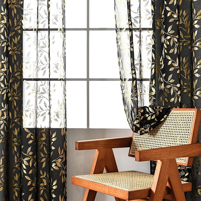 Sutuo Home Black Sheer Curtains 84 Inches Long 2 Panels Set, Luxury Gold Foil by SutuoHome