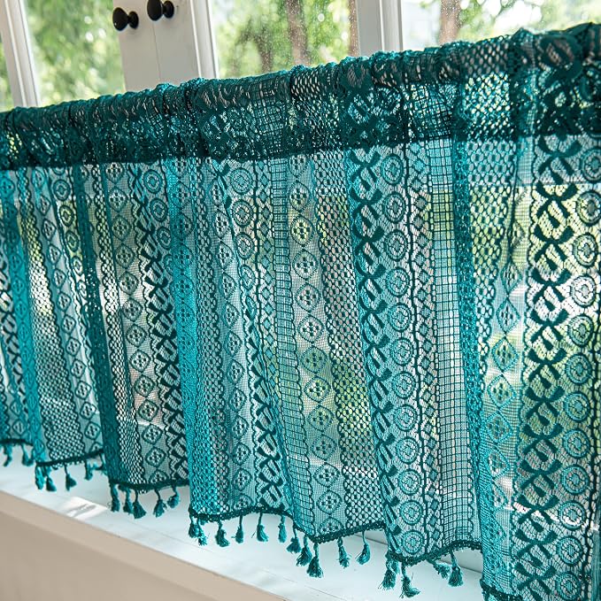 Sutuo Home Boho Valance Tier Curtains Crochet Lace Sheer Bohemian Hollow Knitted - Image 5