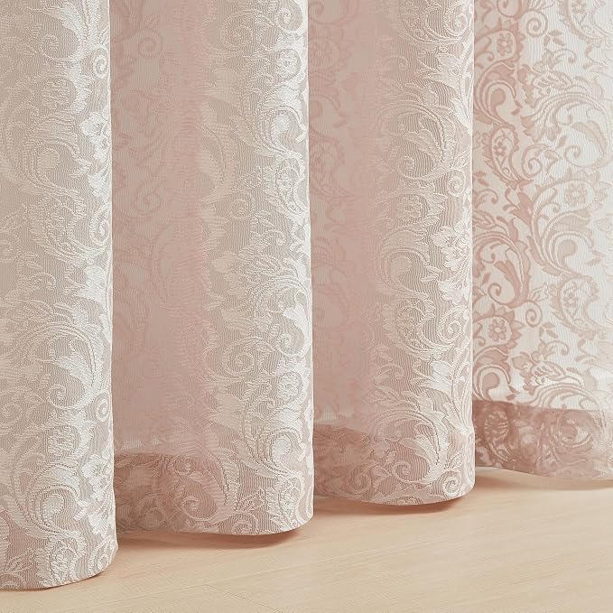 Bujasso Pink Lace Sheer Curtains 84 inch Vintage Floral Sheer Window Curtain - Image 4