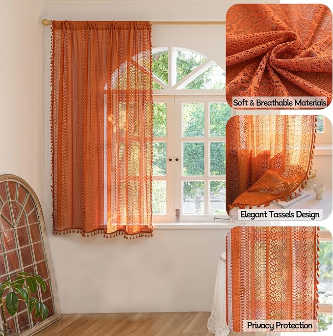 Sutuo Home Boho Curtains for Bedroom Kitchen Crochet Lace Sheer Bohemian Hollow - Image 2