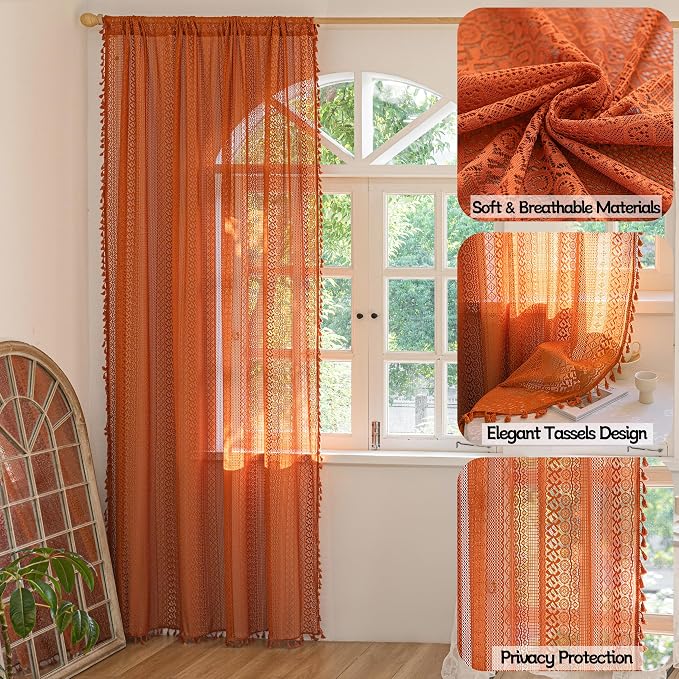 Sutuo Home Boho Curtains for Bedroom Living Room Kitchen, Crochet Lace Sheer - Image 2