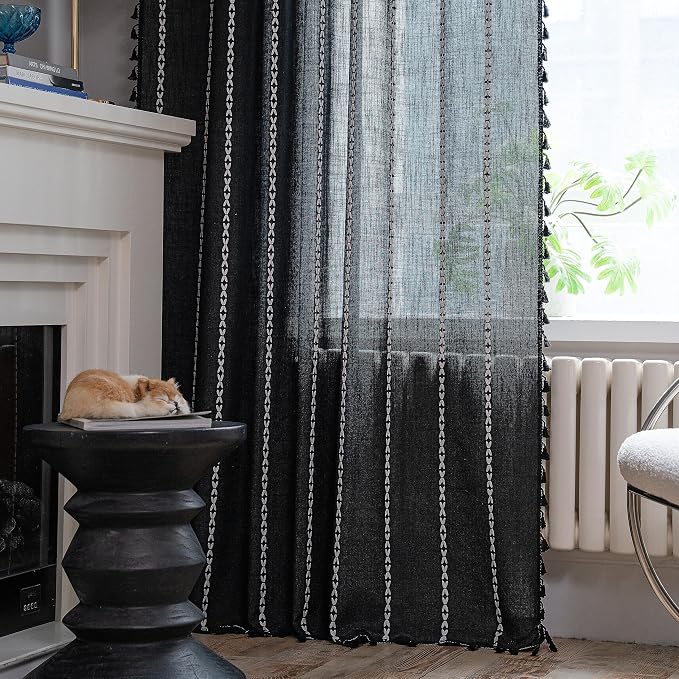 Sutuo Home Black Boho Curtains for Bedroom Living Room, Semi Blackout Linen - Image 4