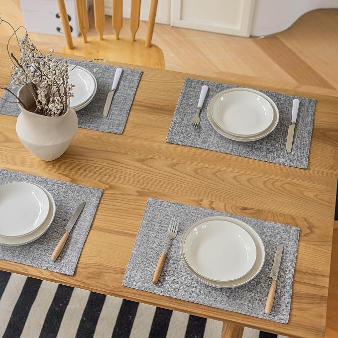 Demetex Grey Placemats Set of 4 Farmhouse Heat Resistant Linen Table Place Mats - Image 6