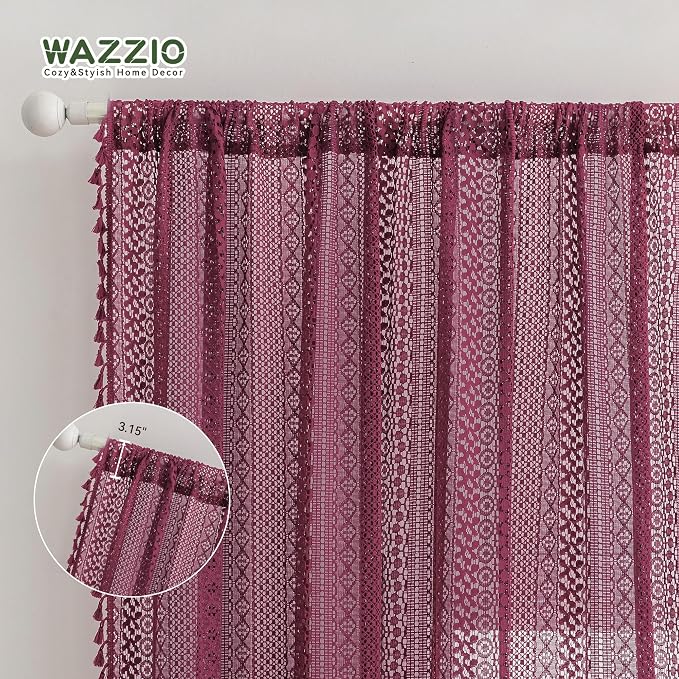 WAZZIO Boho Lace Curtains 63 Inches 2 Panel, Light Filtering Privacy Tassel & - Image 8
