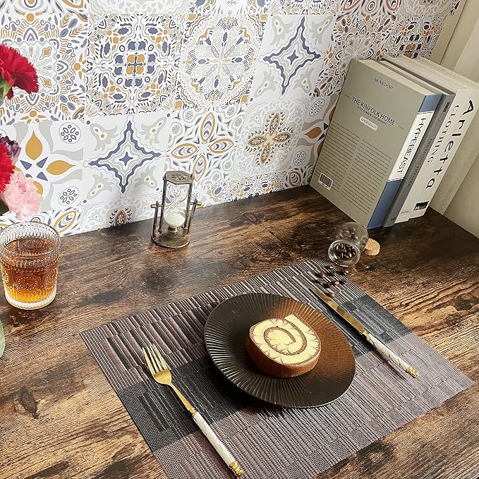 HeloHo Brown Black Placemats Set of 6 Washable Placemats Vinyl Woven Table Mats - Image 6