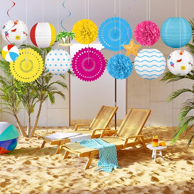 Renbuzhu 15Pcs Beach Party Decorations Paper Lanterns Fans Pom Poms Hanging - Image 7