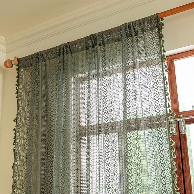 Sutuo Home Olive Green Boho Curtains 108 inches Long, Crochet Lace Sheer - Image 9