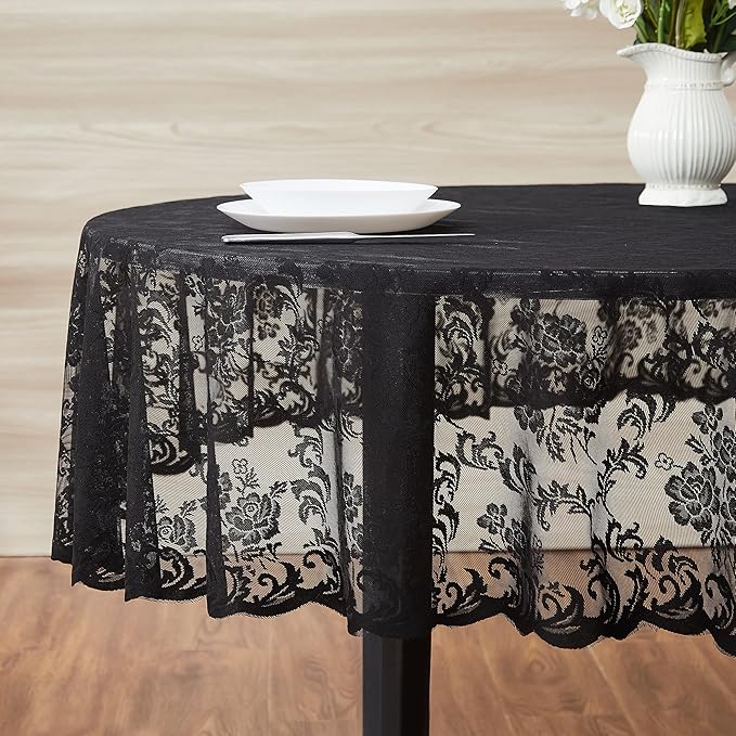 LinenZone Black Round Tablecloth for Rustic Vintage Decor. Sheer Lace Table Cloth Works Great As Wedding Tablecloth or Thanksgiving Table Cover. (Mia 60 Round, Black)