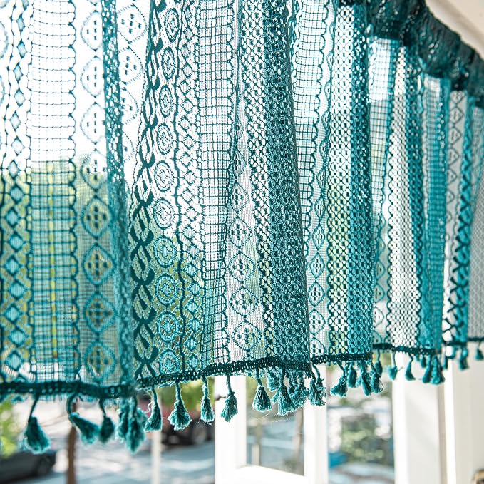 Sutuo Home Boho Valance Tier Curtains Crochet Lace Sheer Bohemian Hollow Knitted - Image 7