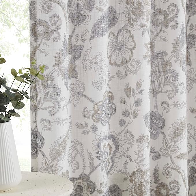 Kayne Studio Linen Grey Curtain Panels Linen Textured Botanical Leaf Print - Image 2