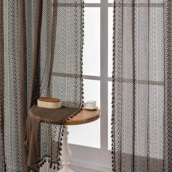 WAZZIO Boho Lace Curtains 84 Inches 2 Panel, Light Filtering Privacy Tassel & - Image 6