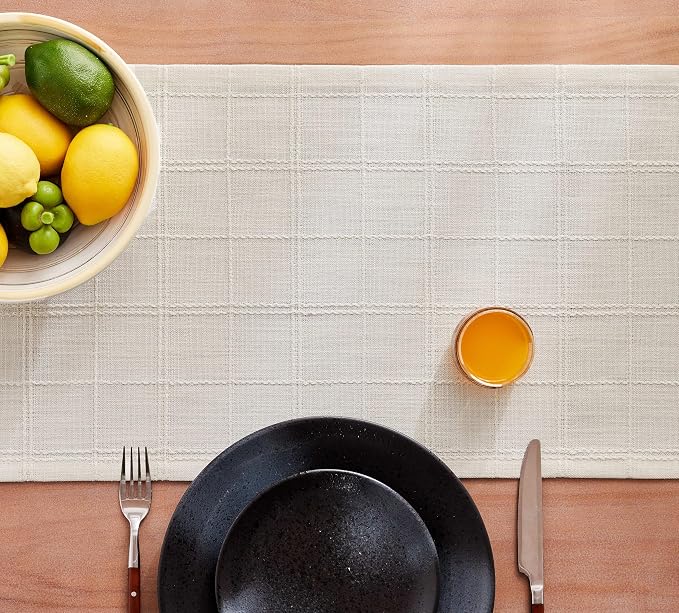 Linen Checked Farmhouse Table Runner, 13x72 Inches Ivory | Raised Grid Design - Image 7