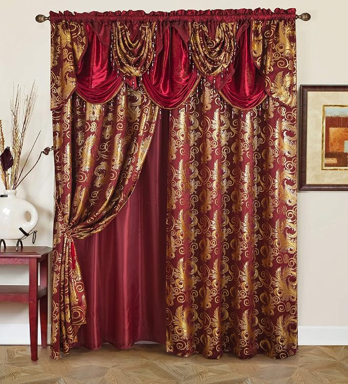 GLORY RUGS Jacquard Luxury Window 2 Panel Set Burgundy Gold Curtain by GLORYRUGS