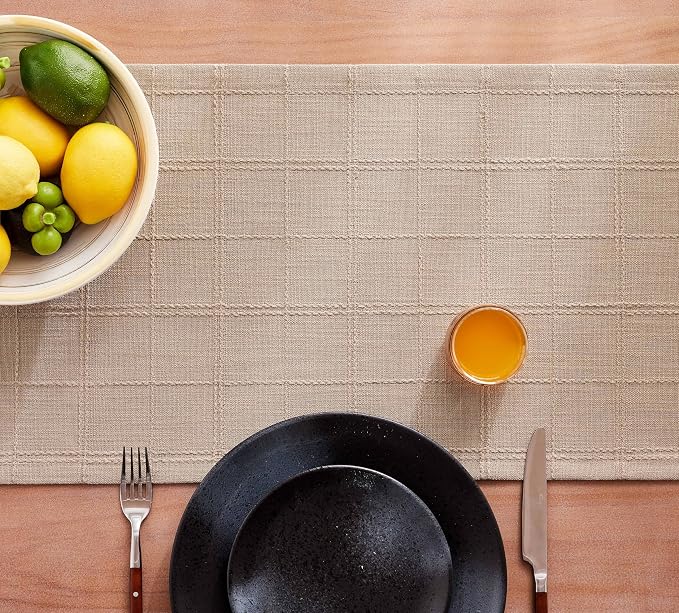 Linen Checked Farmhouse Table Runner, 13x72 Inches Taupe | Raised Grid Design - Image 7