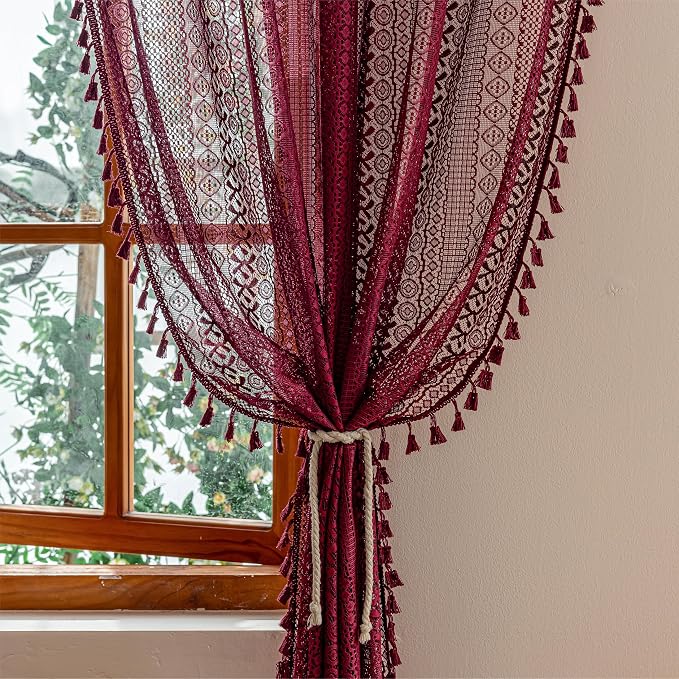 Sutuo Home Burgundy Boho Lace Curtains 96 inches long - Image 4