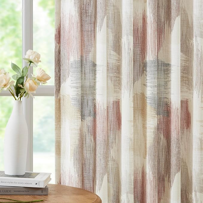 Kayne Studio Red Tan Boho Abstract Rod Pocket Semi Sheer Curtains 84 Inches | by KayneStudio