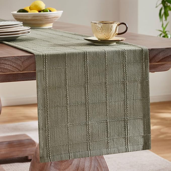 Linen Checked Farmhouse Table Runner, 13x108 Inches Olive | Raised Grid Design - Image 4