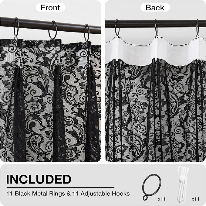 Bujasso Black Lace Pinch Pleat Curtains 84 inch, Gothic Vintage Floral Sheer - Image 4