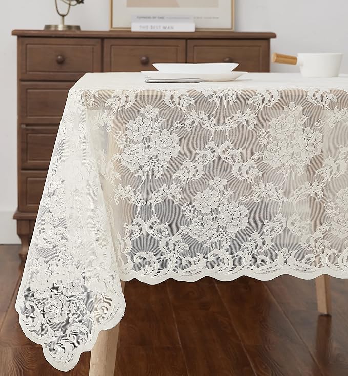 LinenZone Square Ivory Tablecloth for Rustic Vintage Decor. Sheer Lace Table Cloth Works Great As Wedding Tablecloth or Thanksgiving Table Cover. (Mia TC 60 x 60, Ivory)