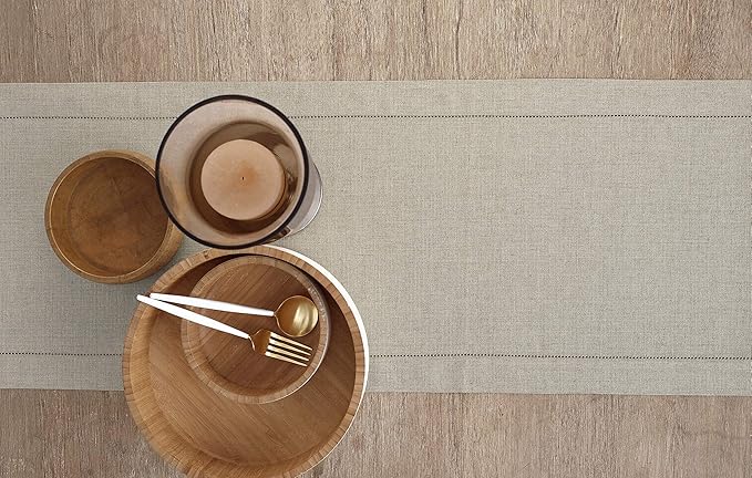 Solino Home Linen Natural Table Runner 132 Inches Long - 100% Pure Linen Extra Long Table Runner 14 x 132 Inch for Fall, Autumn, Thanksgiving, Christmas - Classic Hemstitch