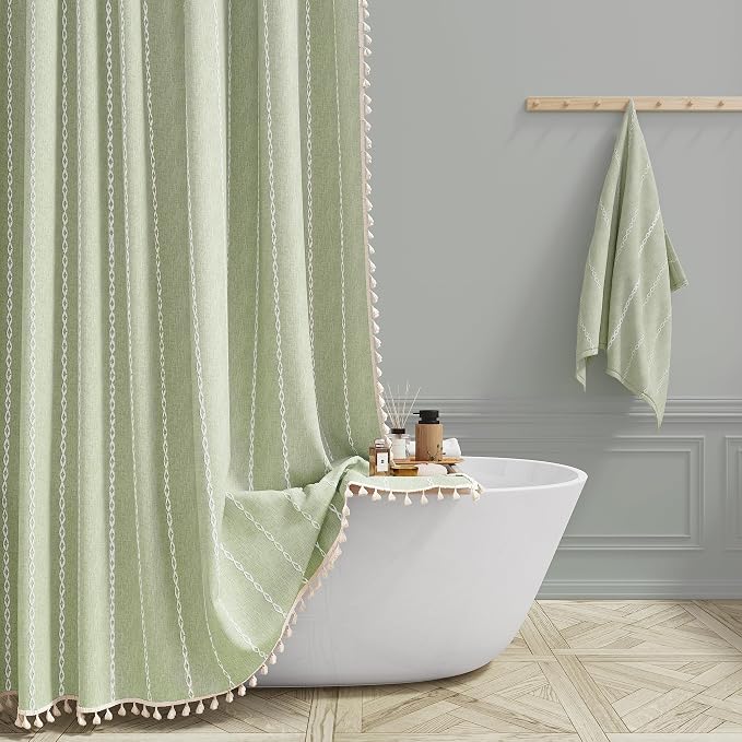 Small Boho Linen Heavy Duty Cloth Shower Curtain, Sage Green | Stall Size by ShowerCurtain
