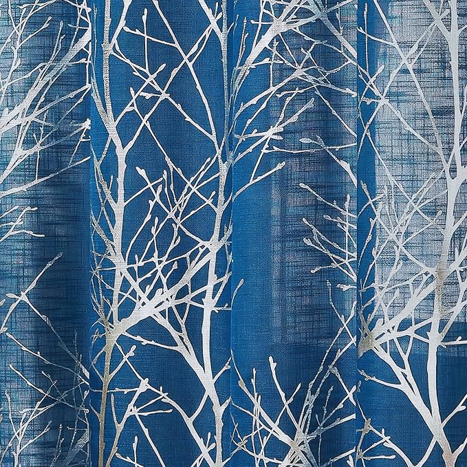 FMFUNCTEX Linen Silver Navy Blue Semi Sheer Print Curtains 63 Inch 2 Panels | - Image 8