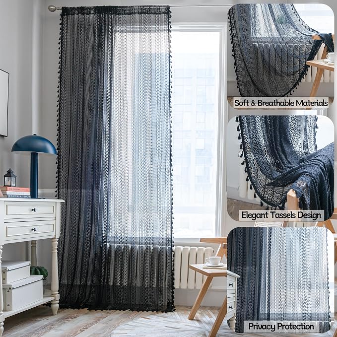 Sutuo Home Black Boho Curtain for Halloween Decor, Sheer Crochet Lace Handmade - Image 2