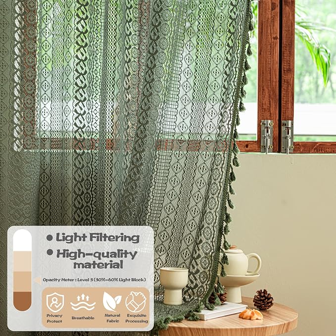 Sutuo Home Olive Green Boho Curtains 96 inches Long - Image 3