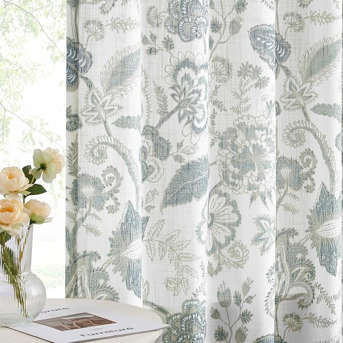 Kayne Studio Blue Grey Jacobean Floral Rod Pocket Semi Sheer Curtains 90" L | - Image 2