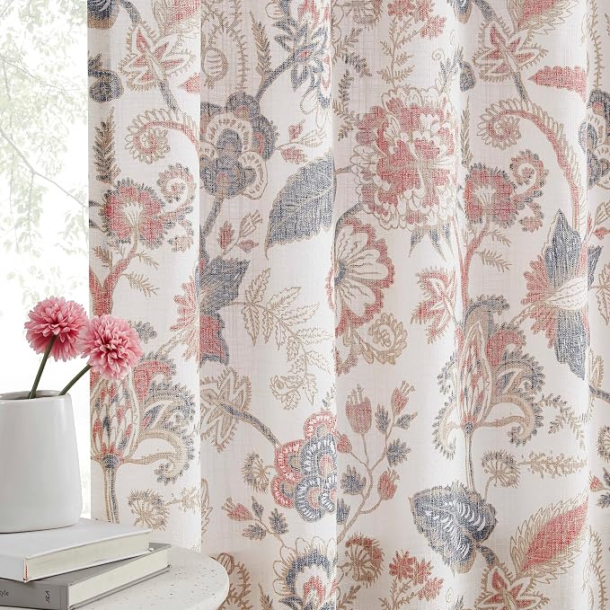 Kayne Studio Navy Red Jacobean Floral Rod Pocket Semi Sheer Curtains 84Inch | by KayneStudio