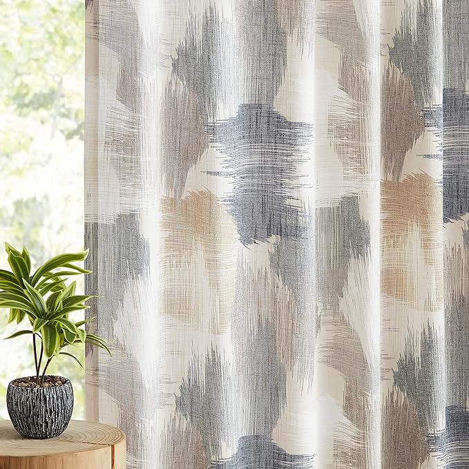 Kayne Studio Blue Tan Boho Abstract Rod Pocket Semi Sheer Curtains 84 Inch | by KayneStudio