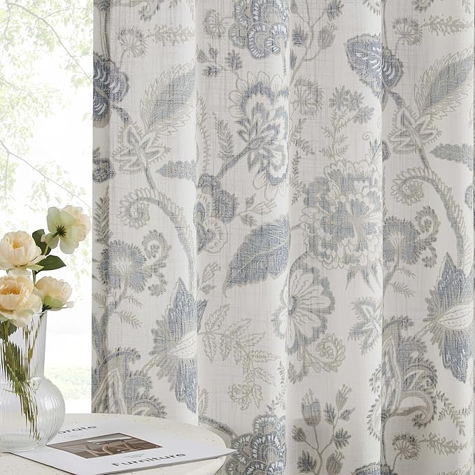 Kayne Studio Blue Grey Jacobean Floral Rod Pocket Semi Sheer Curtains 84" L | by KayneStudio