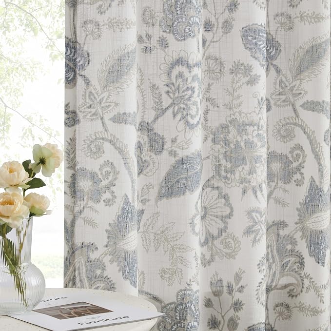 Kayne Studio Blue Grey Floral Botanical Rod Pocket Semi Sheer Curtains 95"L | - Image 2