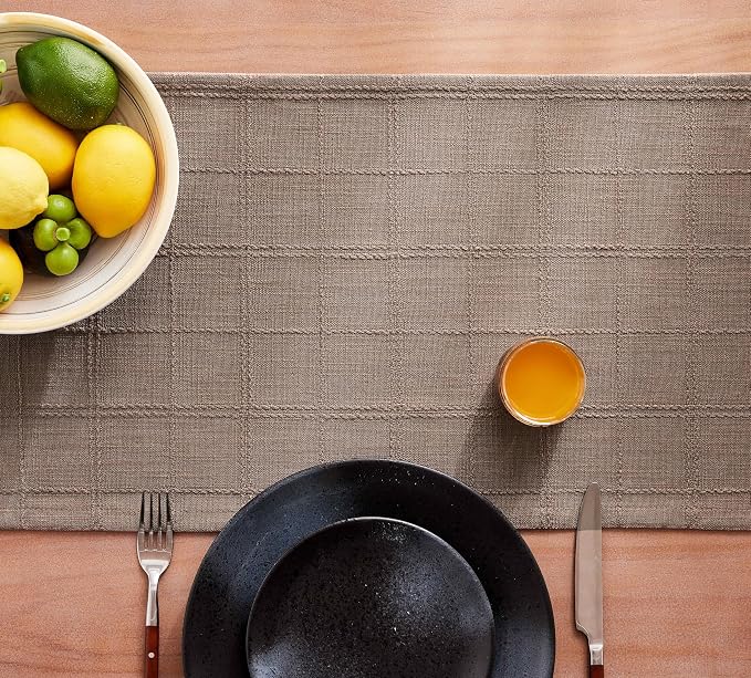 Linen Checked Farmhouse Table Runner, 13x108 Inches Cocoa Brown | Raised Grid - Image 7