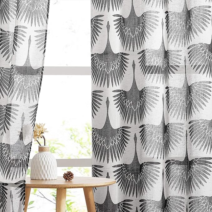 KGORGE Semi Sheer Curtains 52" W x 108" L 2 Panels Black- Bird Pattern | - Image 3