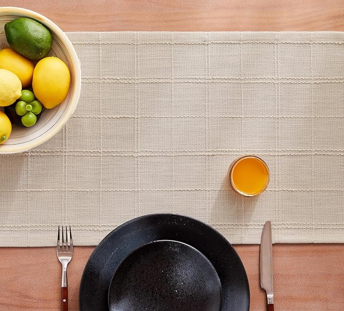 Linen Checked Farmhouse Table Runner, 13x72 Inches Neutral Beige | Raised Grid - Image 7