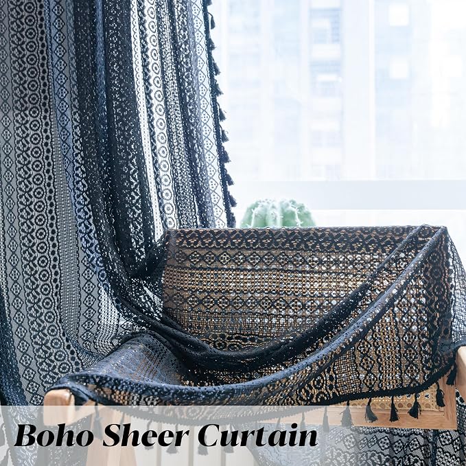 Sutuo Home Black Boho Curtain 84 Inches Length, Sheer Crochet Lace Handmade - Image 5