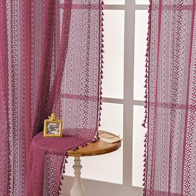 WAZZIO Boho Lace Curtains 63 Inches 2 Panel, Light Filtering Privacy Tassel & - Image 9