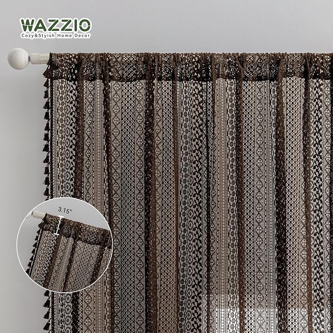 WAZZIO Boho Lace Curtains 84 Inches 2 Panel, Light Filtering Privacy Tassel & - Image 7