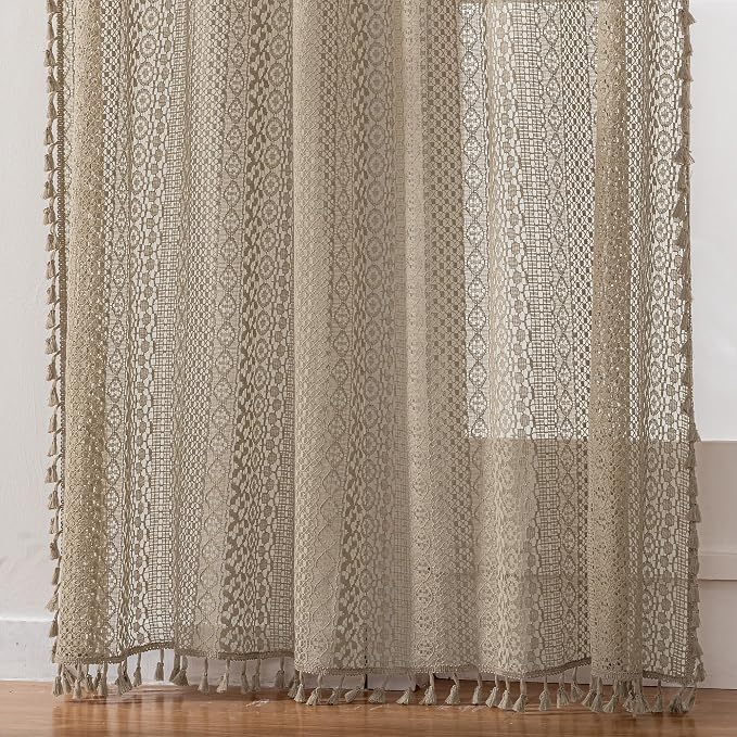 WAZZIO Boho Lace Curtains 63 Inches 2 Panel, Light Filtering Privacy Tassel & - Image 5