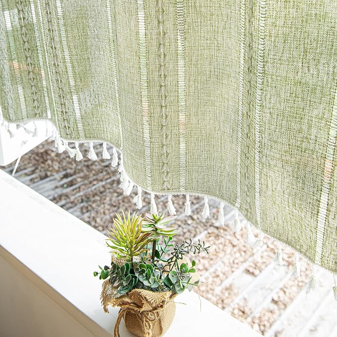 Sutuo Home Green Boho Curtain 52W x 36L inch White Striped Light Filtering - Image 8