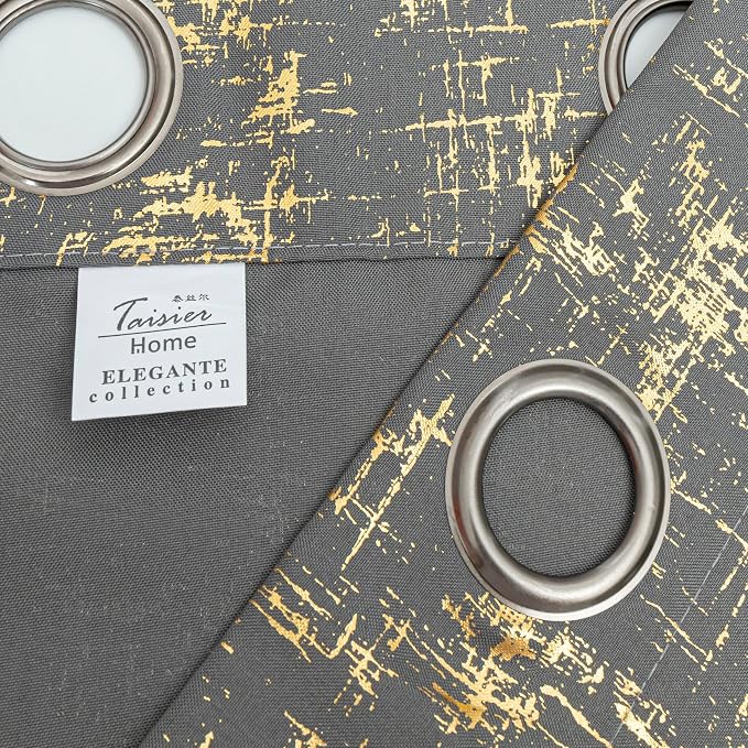 Taisier Home Gold Foil Print Linen Textured Curtains - Image 4