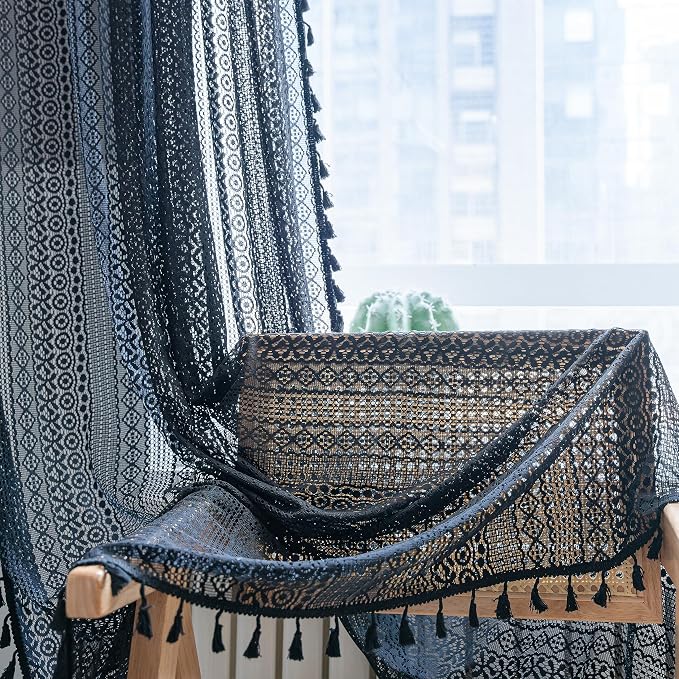 Sutuo Home Black Boho Curtain 84 Inches Length, Sheer Crochet Lace Handmade - Image 8