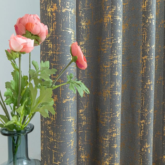 Taisier Home Gold Foil Print Linen Textured Curtains by TaisierHome