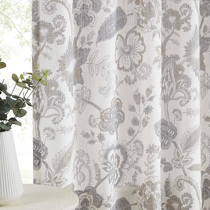 Kayne Studio Grey Jacobean Floral Rod Pocket Semi Sheer Curtains 90 Inches | - Image 2