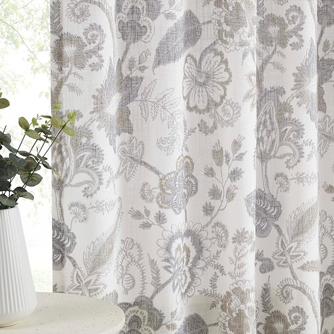 Kayne Studio Grey Floral Botanical Rod Pocket Semi Sheer Curtains 95 Inches | - Image 2